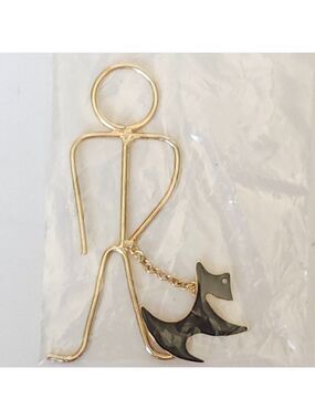 UNIQUE METAL Stick Figure Art Man Walking Scottie Dog Gold Tone